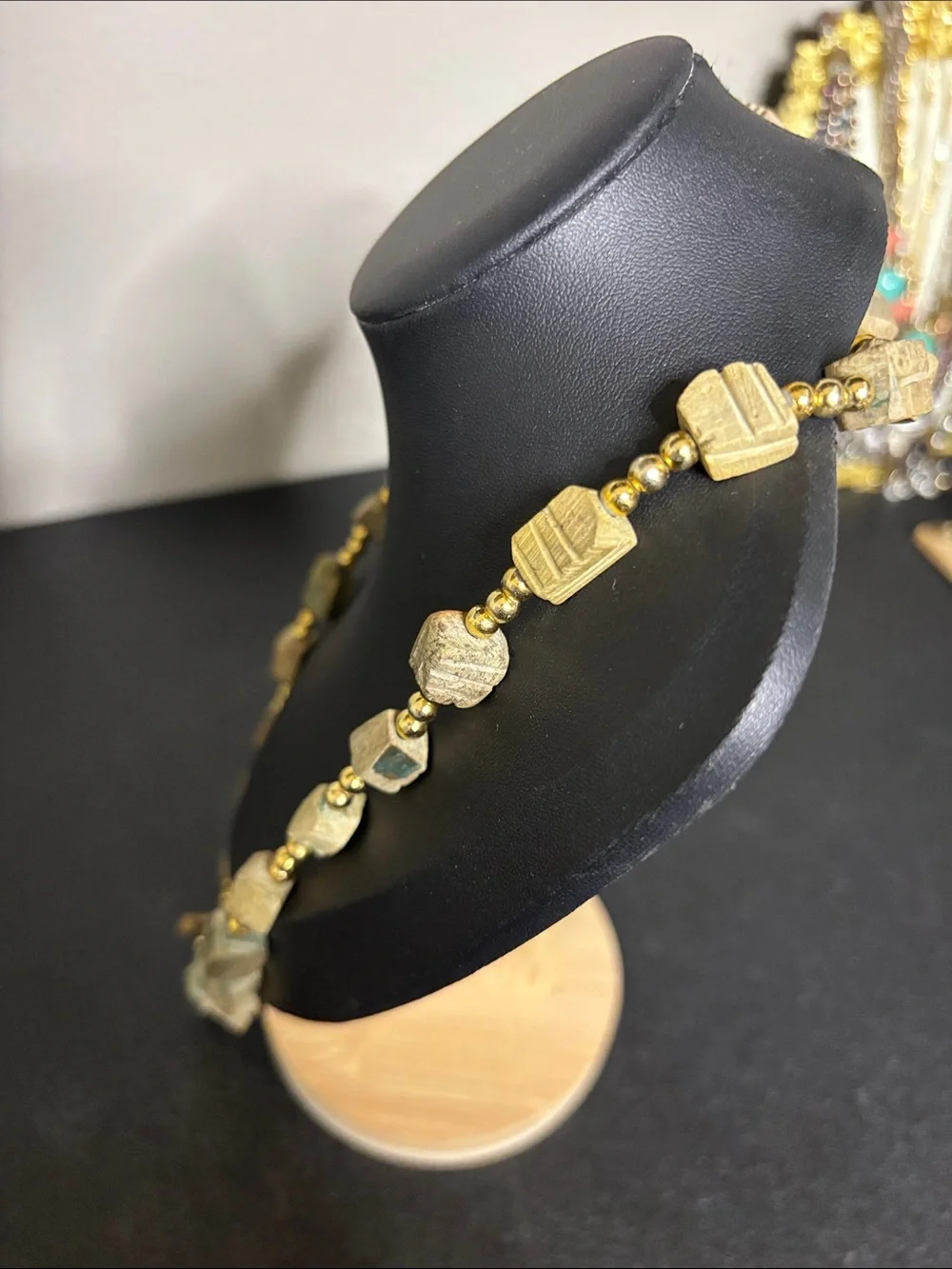 Handcrafted Scarab Blue-Green Stone Pendant Necklace with Gold Beads - Picture 3 of 7